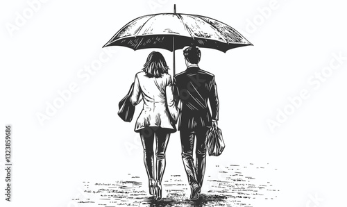 Couple walking under umbrella in rain - linear vector icons set.