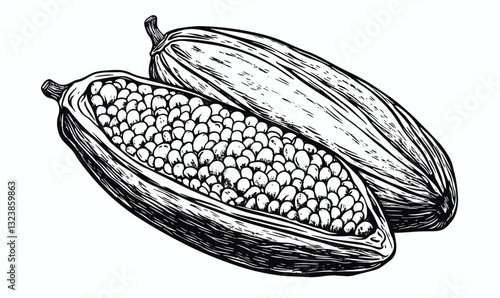 Cocoa pods illustration showing opened seeds, flat style icons set, vector.