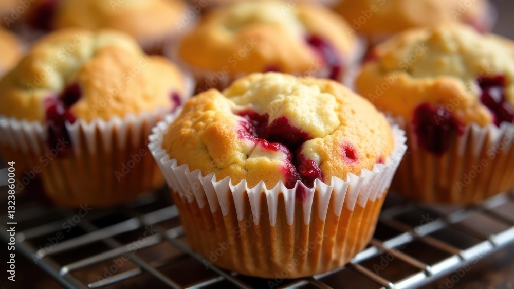 freshly baked raspberry muffins in paper liners on cooling rack. sweet and tasty fruity baked goods concept. bakery, dessert menu poster design, food blog. freshly baked raspberry muffins in paper liners on cooling rack. sweet and tasty fruity baked goods concept. bakery, dessert menu poster design, food blog.