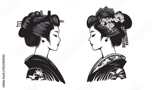 Traditional geisha profiles, japanese culture flat icons set, vector.