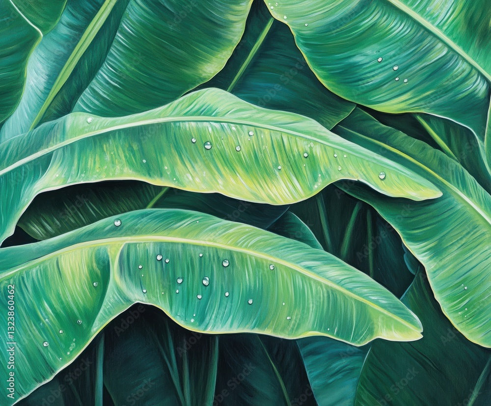 Obraz premium Emerald Canopy: An intricate display of vibrant green banana leaves, adorned with delicate water droplets, captures the essence of tropical abundance and natural elegance.