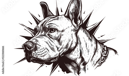 Detailed pitbull head drawing, monochrome dog illustration, flat style, vector icons set.