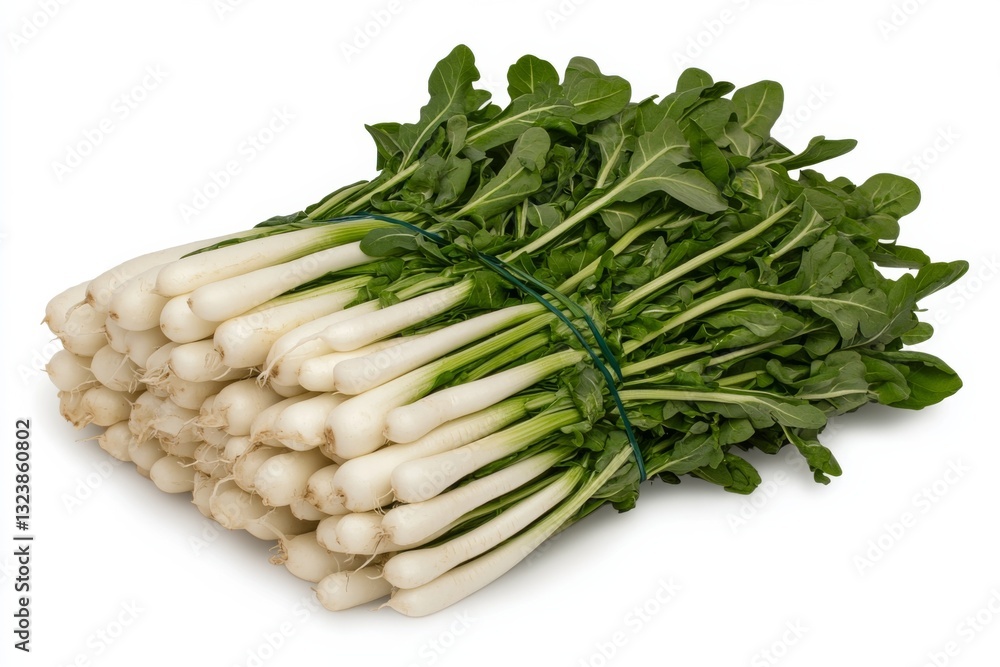 Fresh bunch of white radishes with green leaves, perfect for salads Fresh bunch of white radishes with green leaves, perfect for salads