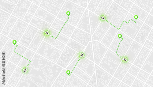 GPS navigation routes with multiple location markers on city map. Abstract urban paths, and destination highlighted POIs. Detailed vector illustration navigation concepts
