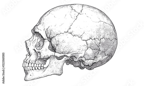 Human skull side view detailed drawing, educational, anatomical, flat icons set, vector.