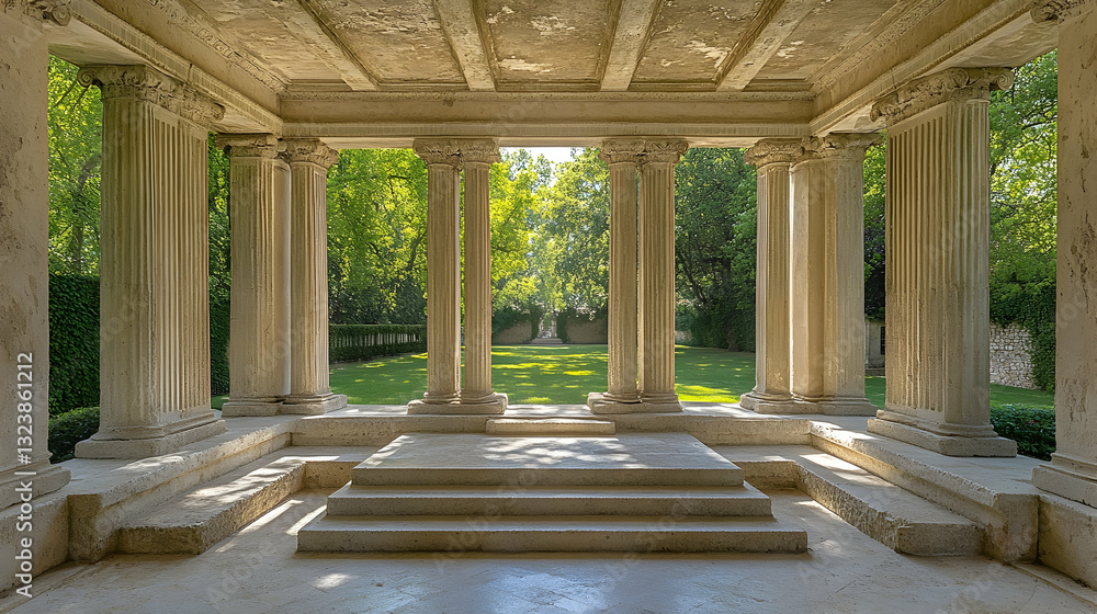 Fototapeta premium Elegant colonnaded patio overlooking a garden