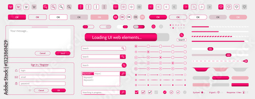 Red, pink 3d ui user interface webpage phone app button template vector design. Creative web application elements icons illustration set. 