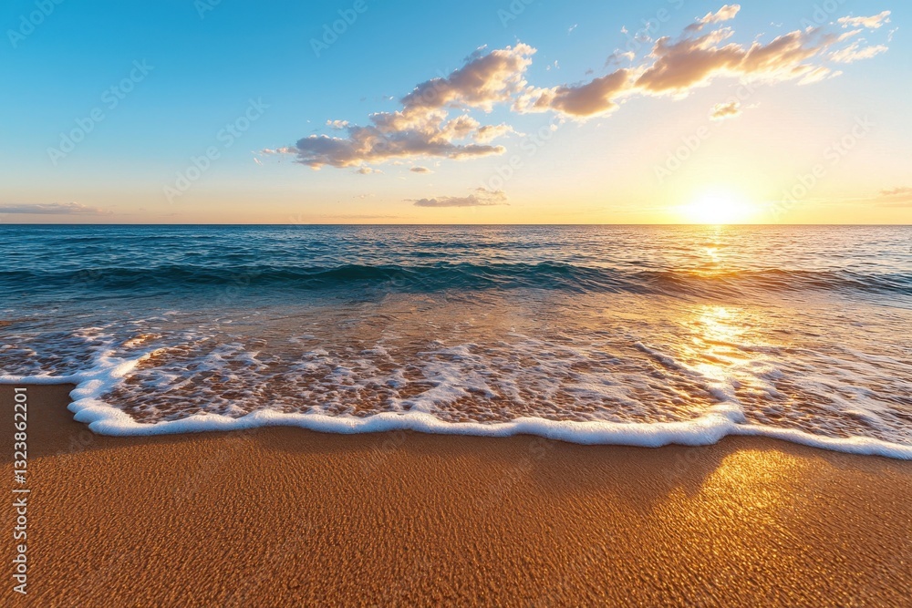 Sunset over a tranquil beach with gentle waves and golden sand. Sunset over a tranquil beach with gentle waves and golden sand.