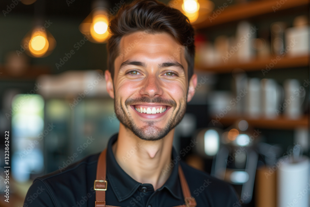 Obraz premium A cheerful young barista standing confidently in a modern cafe. Warm lighting