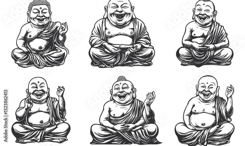 Laughing buddha icons set in flat style - vector.