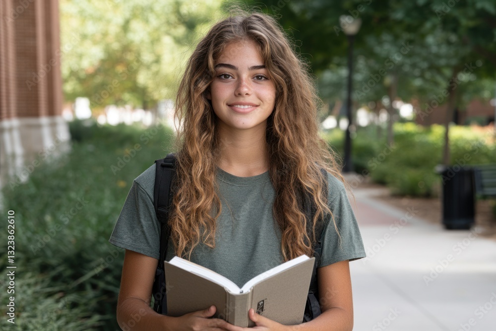 Obraz premium Student reading a textbook on a college campus outdoors
