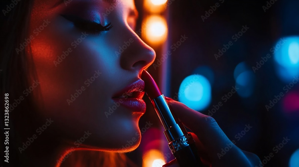 Fototapeta premium Neon Nights: A Woman Applying Red Lipstick