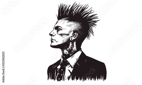 Punk rock profile silhouette of mohawk hairstyle in suit, vector, linear icons set.