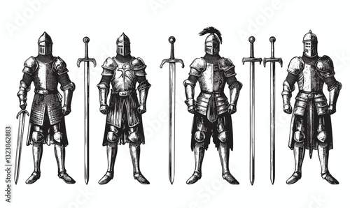 Medieval knights and swords vector: linear style icons set.