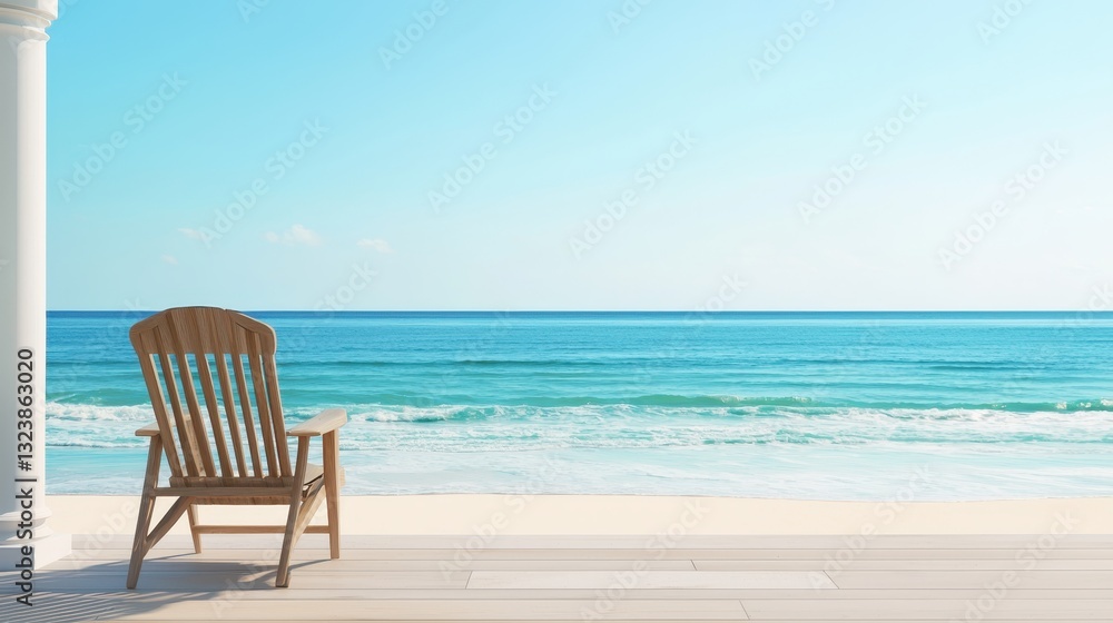 Beach chair on a wooden deck overlooking the ocean. Relaxing beach scene with blue sky and sea. Summer vacation concept. Beach chair on a wooden deck overlooking the ocean. Relaxing beach scene with blue sky and sea. Summer vacation concept.
