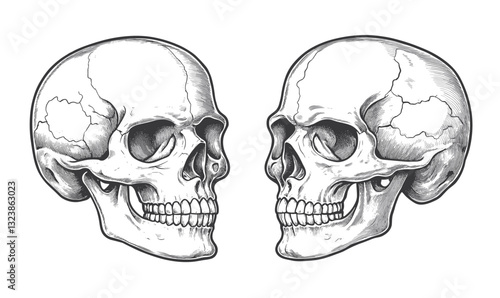 Human skulls side view vector, linear icons set.