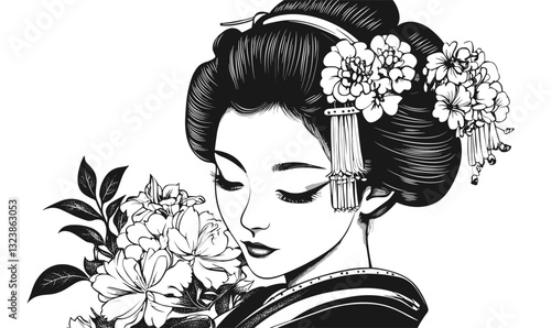Traditional geisha with floral adornments, black and white flat icon set, vector.