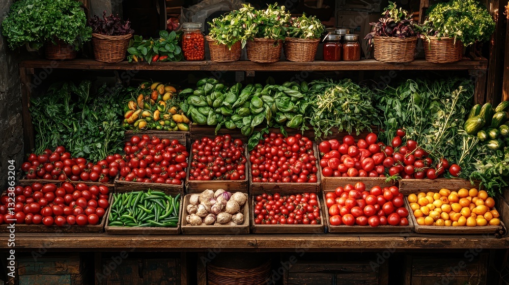 Fresh produce displayed on wooden crates at a farmer's market stand. Fresh produce displayed on wooden crates at a farmer's market stand.