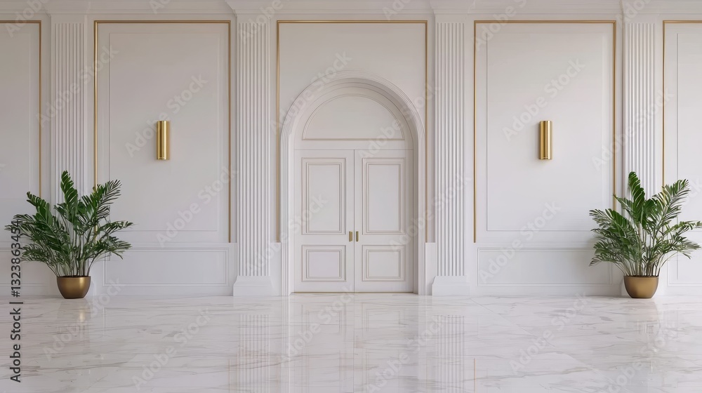 Fototapeta premium Elegant interior with white walls, gold accents, marble floor, plants, and a double door. Classic design with modern touches.