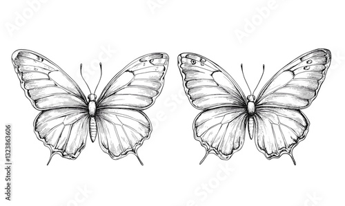Detailed butterfly illustrations, monochrome flat icons set, vector.