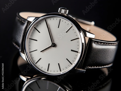 A minimalist wristwatch on a black background, clean lines, modern design, symbolizes time management. photo