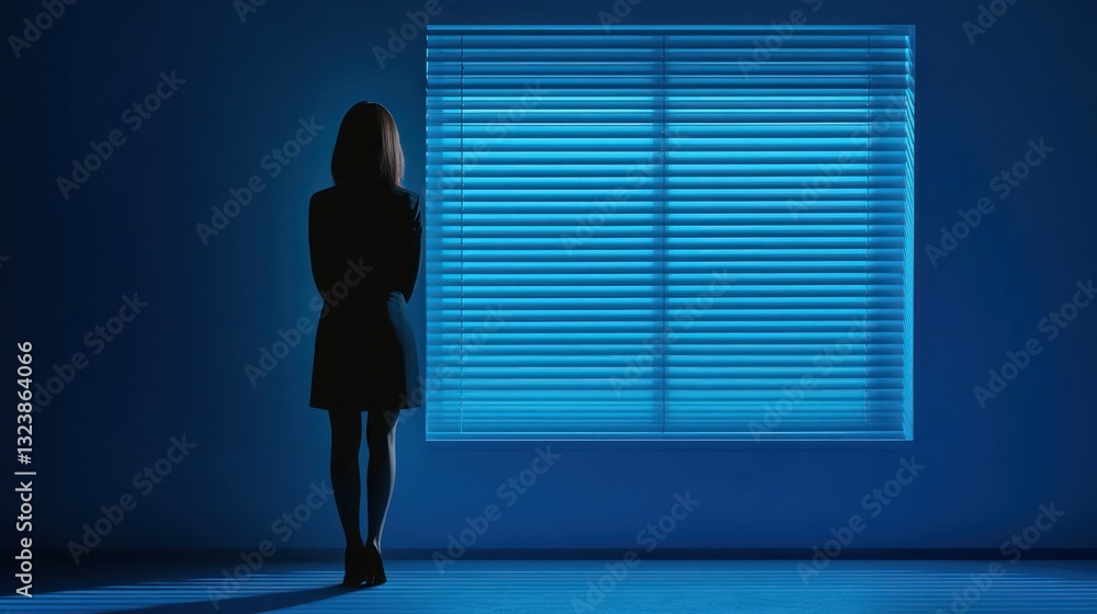 Fototapeta premium Solitude at Dusk: A Woman Gazing Through a Blue-lit Window