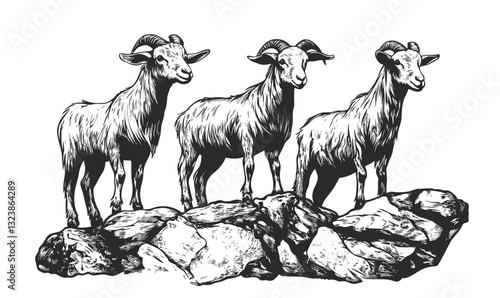 Three goats standing on rocky terrain in monochrome style, vector icons set, linear.