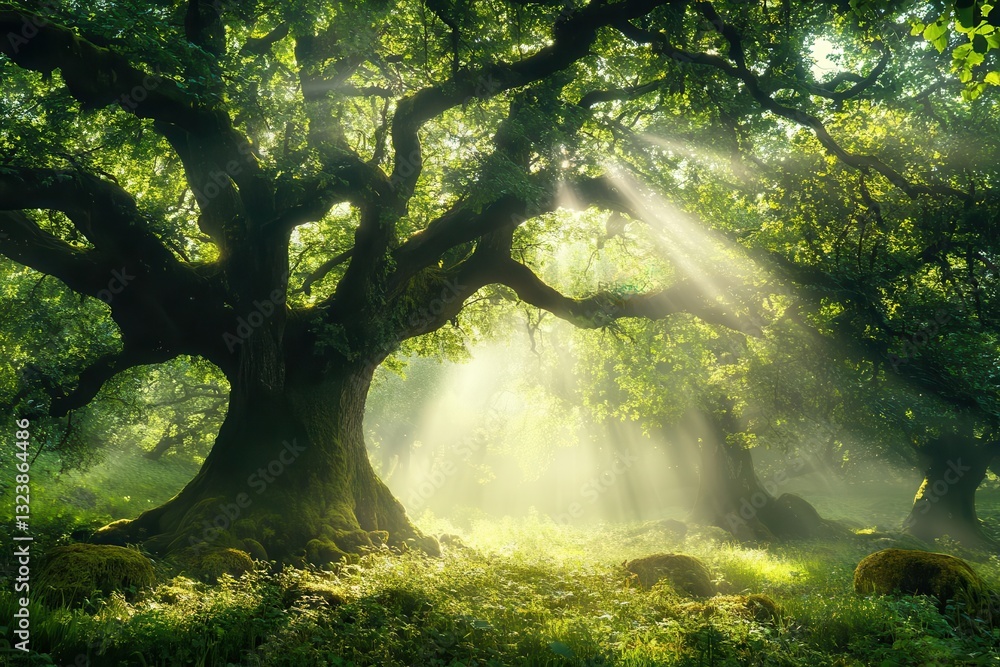 Fototapeta premium a serene forest glade with ancient oak trees, dappled sunlight streaming through vibrant green canopy, moss-covered ground, and morning mist creating an ethereal atmosphere