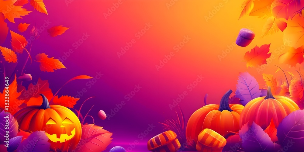 Fototapeta premium Halloween sale banner with sweets, pumpkins and autumn leaves, vibrant colors, clearly defined areas, ideal for websites.