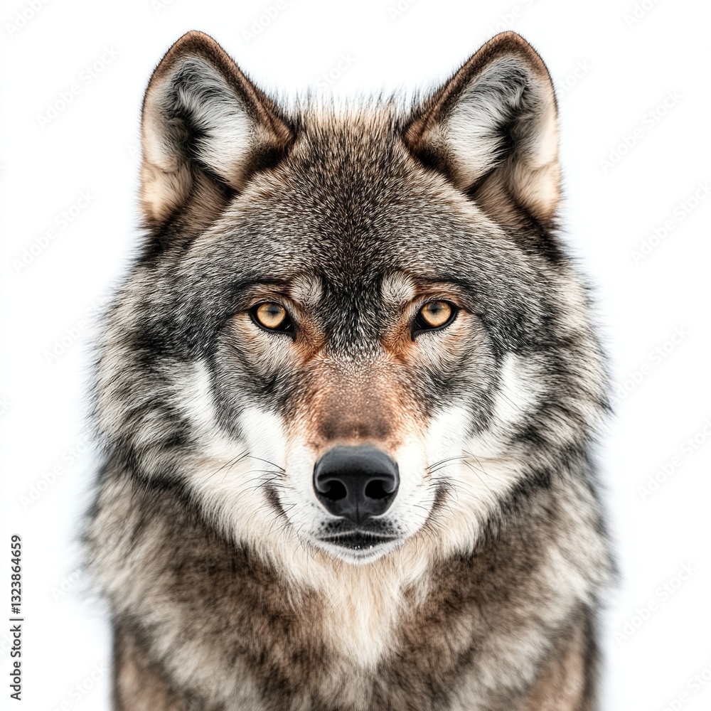 Fototapeta premium Close-up portrait of a grey wolf against a white background.