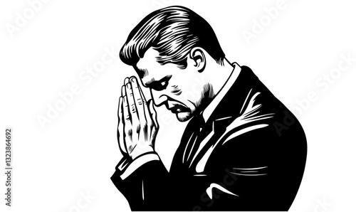 Praying man in suit, hands together, linear icons set, vector.