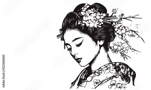 Traditional japanese woman portrait with floral hair ornament, flat icons set, vector.