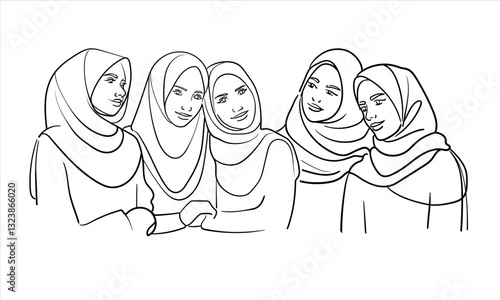 Young muslim 5 womans in burqa, continuous line art drawing. Emirati Women's Day. Womans in a hijab. Vector illustration isolated on white background