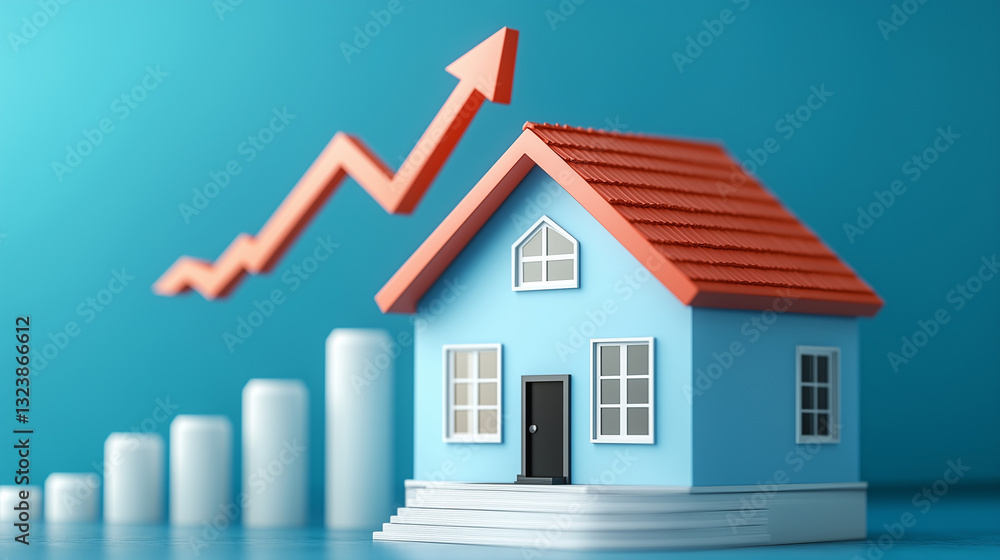 blue house model with red roof is placed in front of rising graph, symbolizing real estate growth and investment potential blue house model with red roof is placed in front of rising graph, symbolizing real estate growth and investment potential