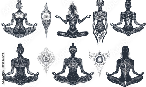 Ornate meditative woman silhouettes with tribal patterns flat icons set, vector.