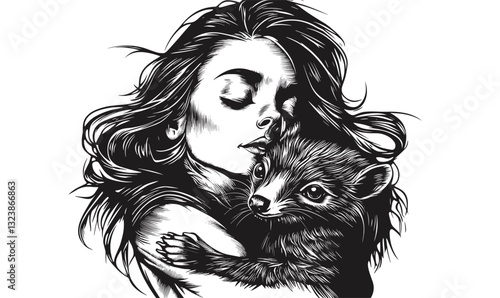 Woman hugging raccoon with eyes closed, flat icons set, vector.