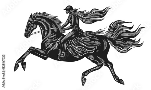 Dynamic equestrian with flowing hair, elegant horse, and flowing dress - flat icons set, vector.