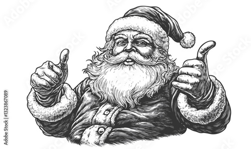 Santa claus giving thumbs up in festive winter attire - vector, linear, icons set.