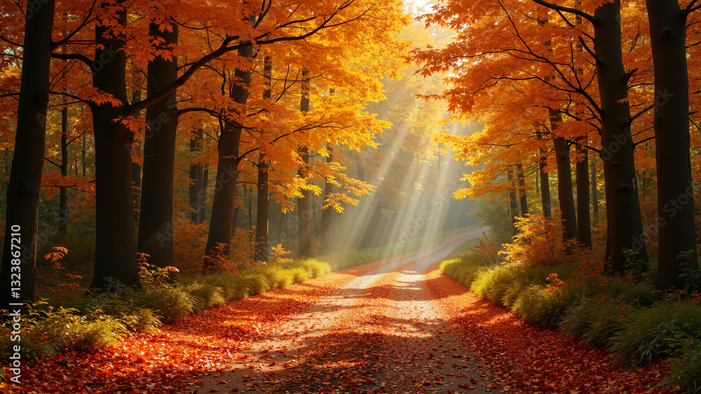 Obraz premium Autumn leaves falling on a forest path.