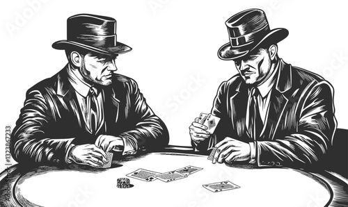 Vintage card players in suits, poker game scene, classic gentlemen, linear icons set, vector.