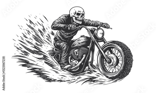 Skeleton riding motorcycle with flames vector, flat style icons set.