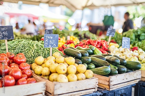 A vibrant display of fresh produce at an outdoor farmers market, featuring tomatoes, pears, cucumbers, green beans, and peppers in wooden crates, showcasing local and organic food.