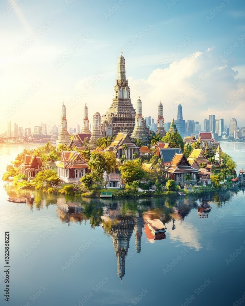 Fototapeta premium Majestic island temple complex reflecting on tranquil water under bright sunlight with cityscape backdrop and blue sky