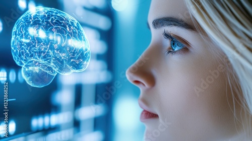 Profile Of Woman Examining Holographic Brain Display photo