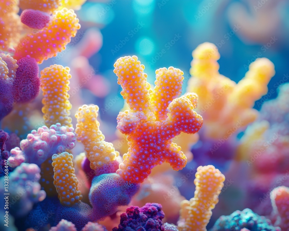 Fototapeta premium A hyper-realistic macro photograph of a vibrant coral reef teeming with glowing corals.