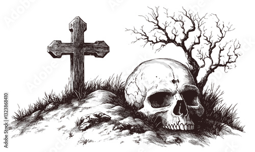 Skull and cross on grassy hill with leafless tree linear icons set, vector.