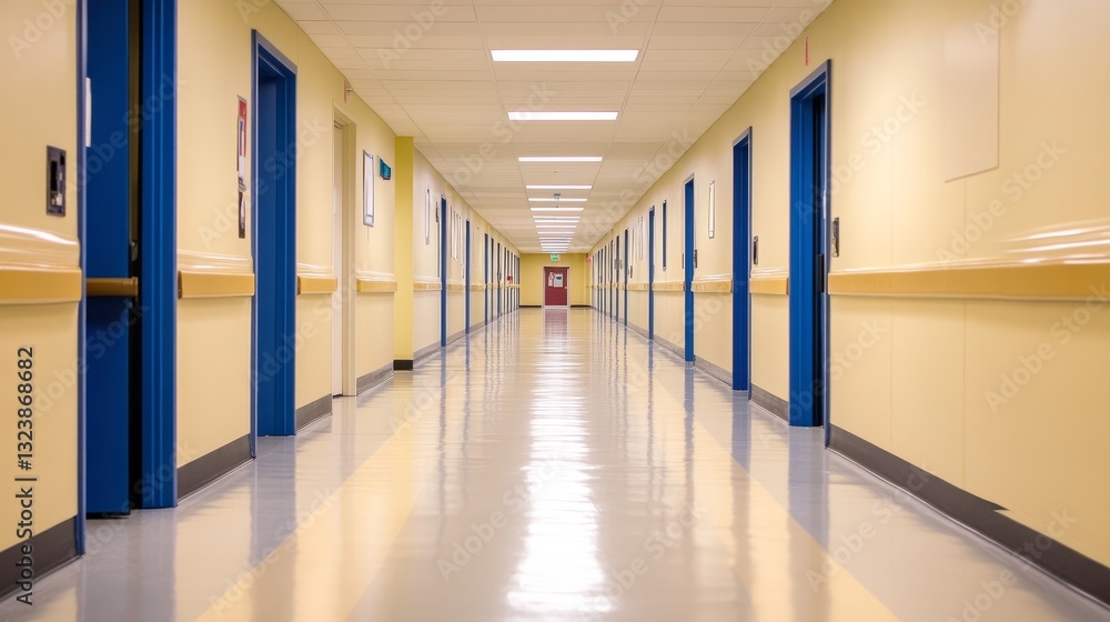 Clean hospital corridor with yellow walls, blue doors, and polished floor reflecting lights Clean hospital corridor with yellow walls, blue doors, and polished floor reflecting lights