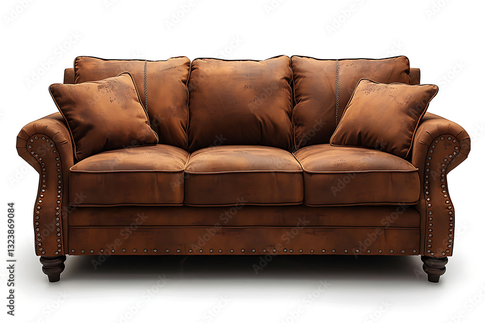Fototapeta premium Classic Brown Leather Sofa with Rolled Arms and Nailhead Trim, Elegant Living Room Furniture, Cozy and Stylish Seating, Luxury Home Decor, Vintage-Inspired Couch, Comfortable Upholstered Sofa