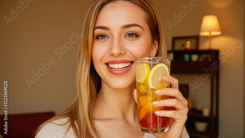 Smiling woman enjoying a cold citrus iced tea with lemon slices and fresh fruit in a cozy home setting. Refreshing and hydrating drink with a bright and cheerful atmosphere

