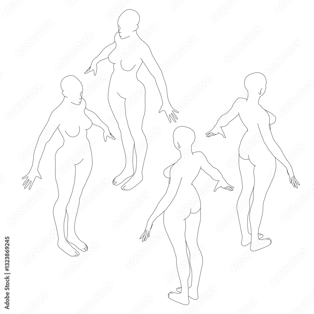 Fototapeta premium Four women are shown in a white background. The women are all in different poses, with one standing and the other three sitting. Scene is calm and peaceful, with the women appearing to be relaxed. Iso